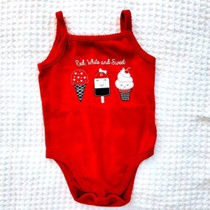 Garanimals Size 3-6M, onesie with straps. "Red, White and Sweet" on the front